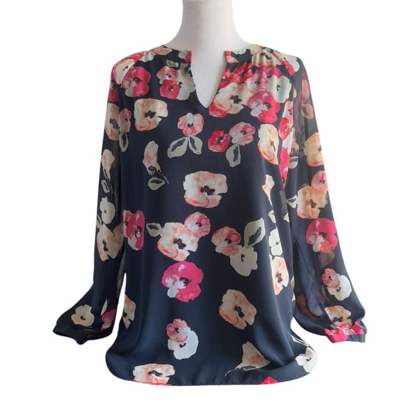 CAbi 971 Navy Blue Floral Print Long Sleeve Blouse Women's Size Medium - Picture 2 of 11